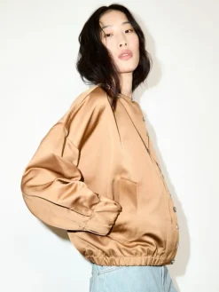 Bejewelled satin bomber jacket - beige