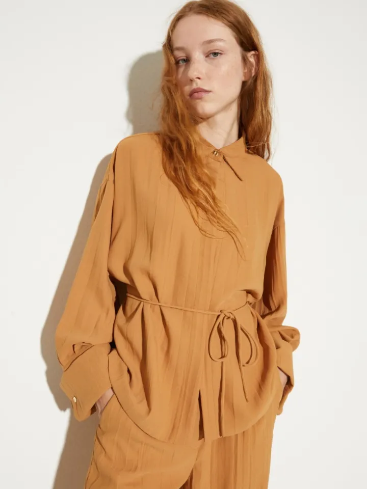Crinkled envers-satin shacket - terra cotta