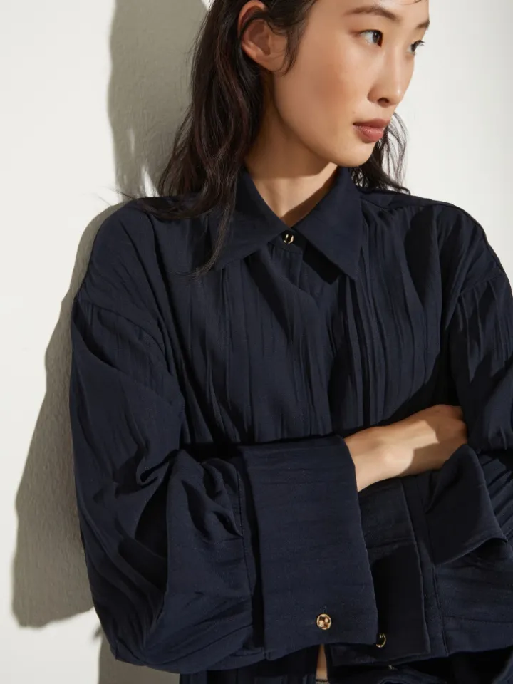 Crinkled envers-satin shacket - midnightblue