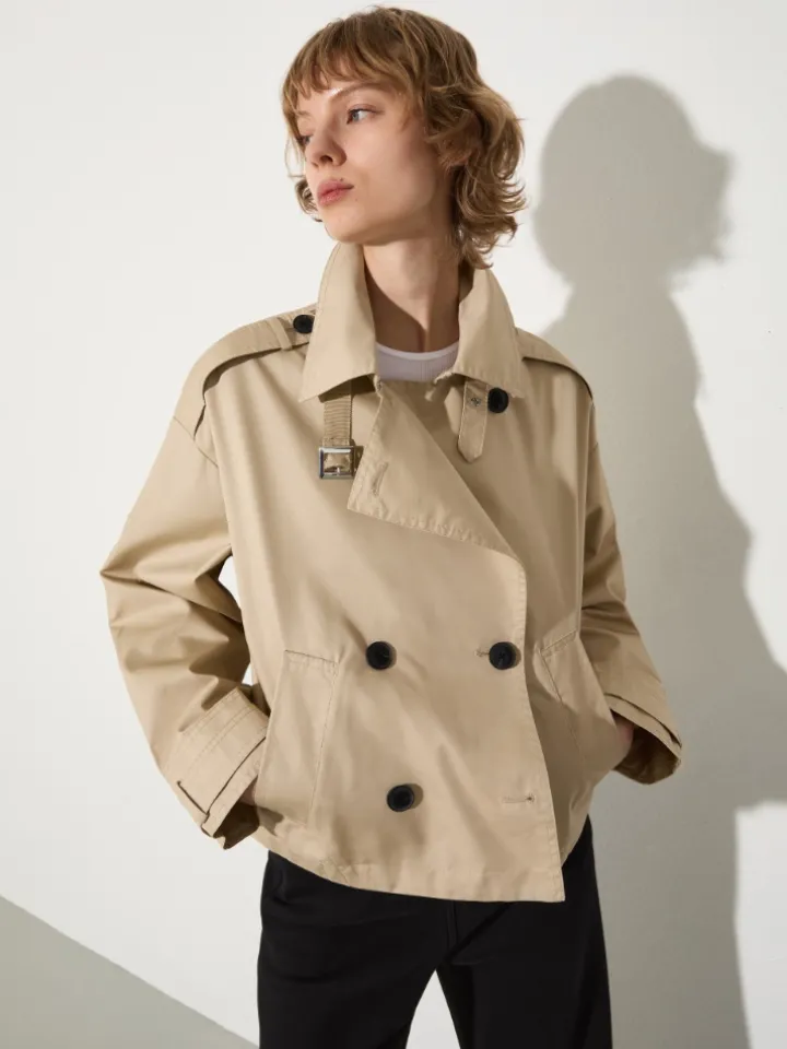 Cropped gabardine trench coat - beige