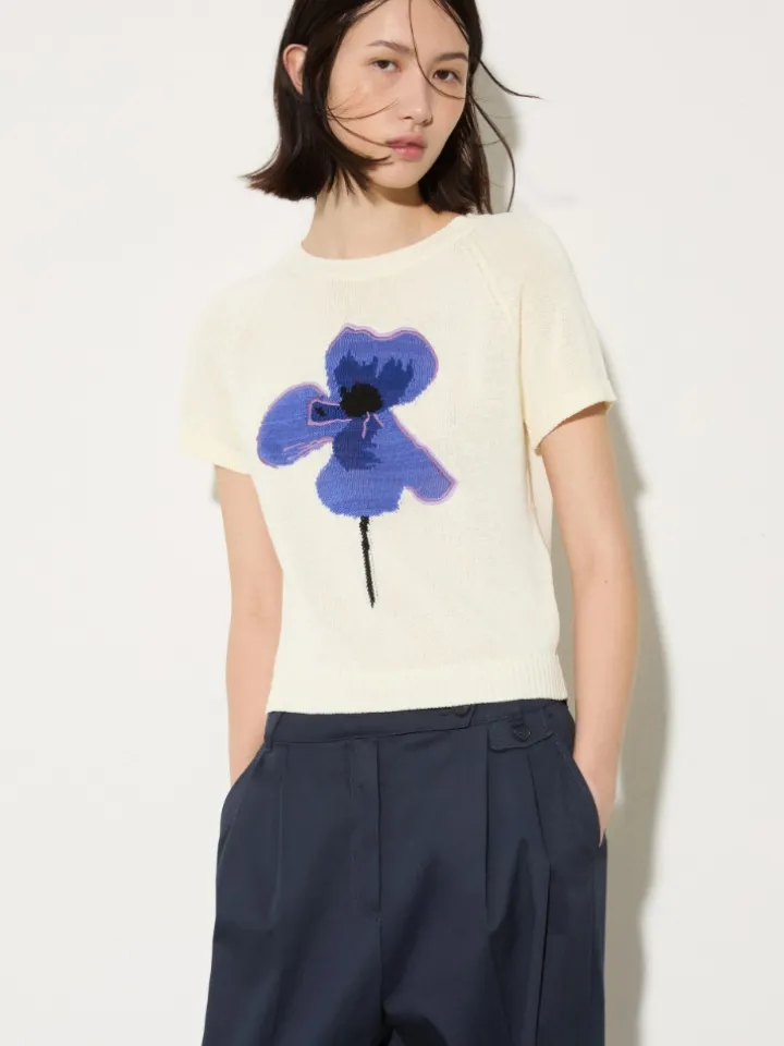 Embroidered knitted T-shirt - milk