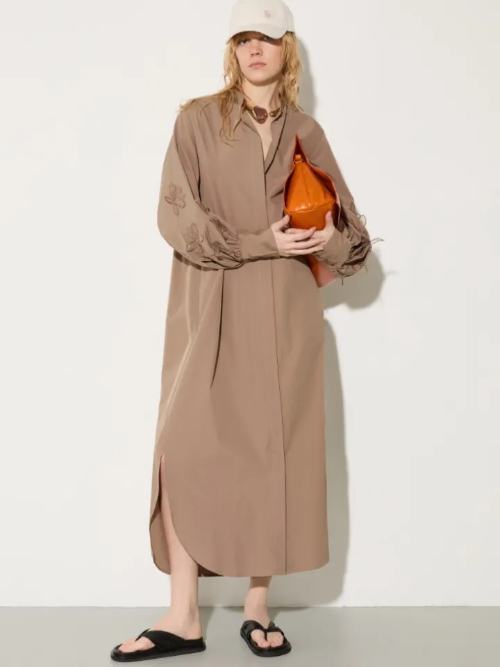 Embroidered poplin shirt dress - cocoa