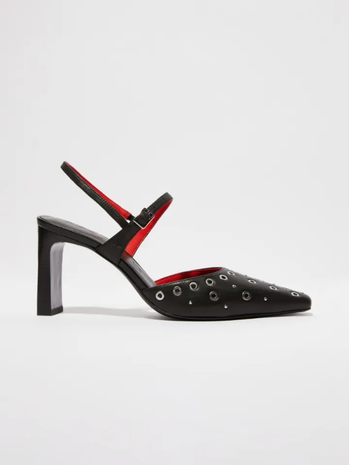 Eyelet-embellished leather pumps - black