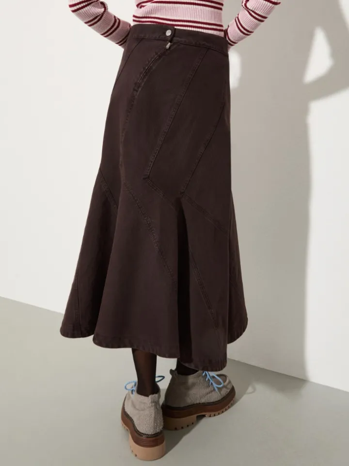 Flared cotton-drill midi skirt - chocolate