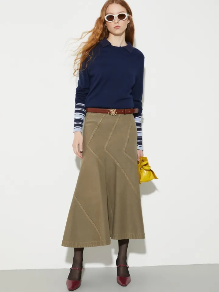 Flared cotton-drill midi skirt - kaki