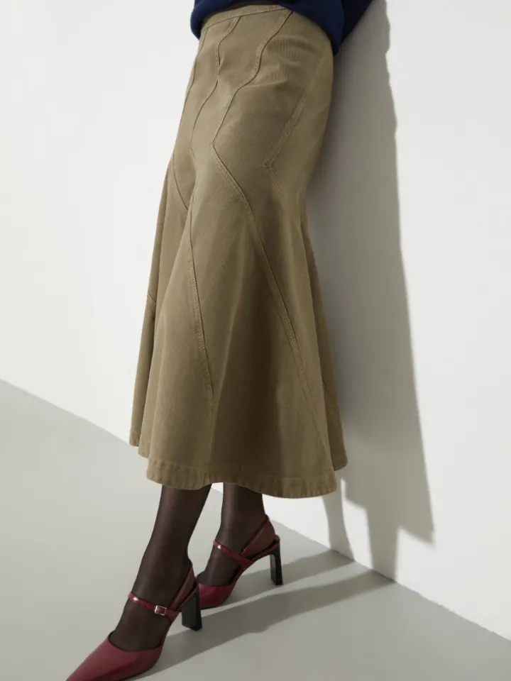 Flared cotton-drill midi skirt - kaki