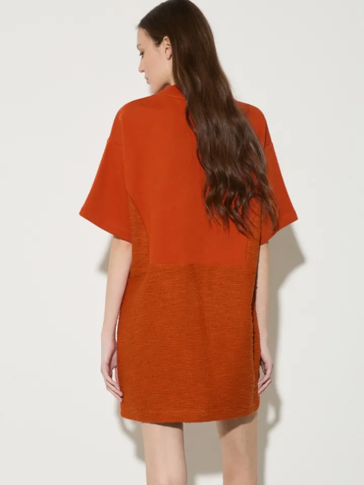 Fleece and basketweave dress - orange