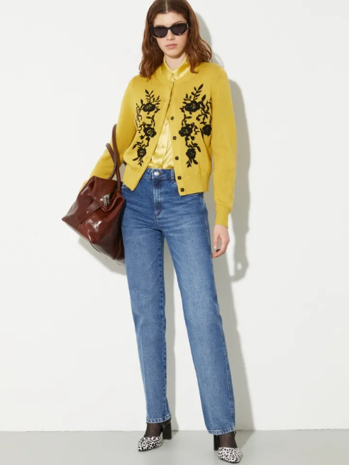 Floral-embroidered cardigan - mustard