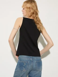 Floral-embroidered jersey top - black
