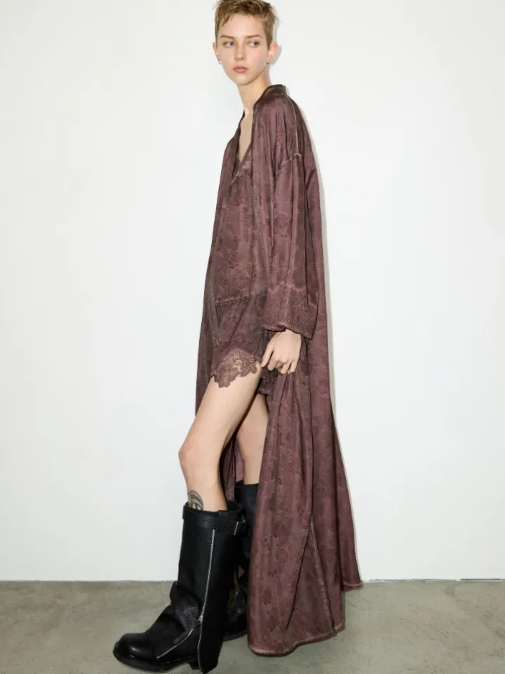 Floral-jacquard duster coat - chocolate