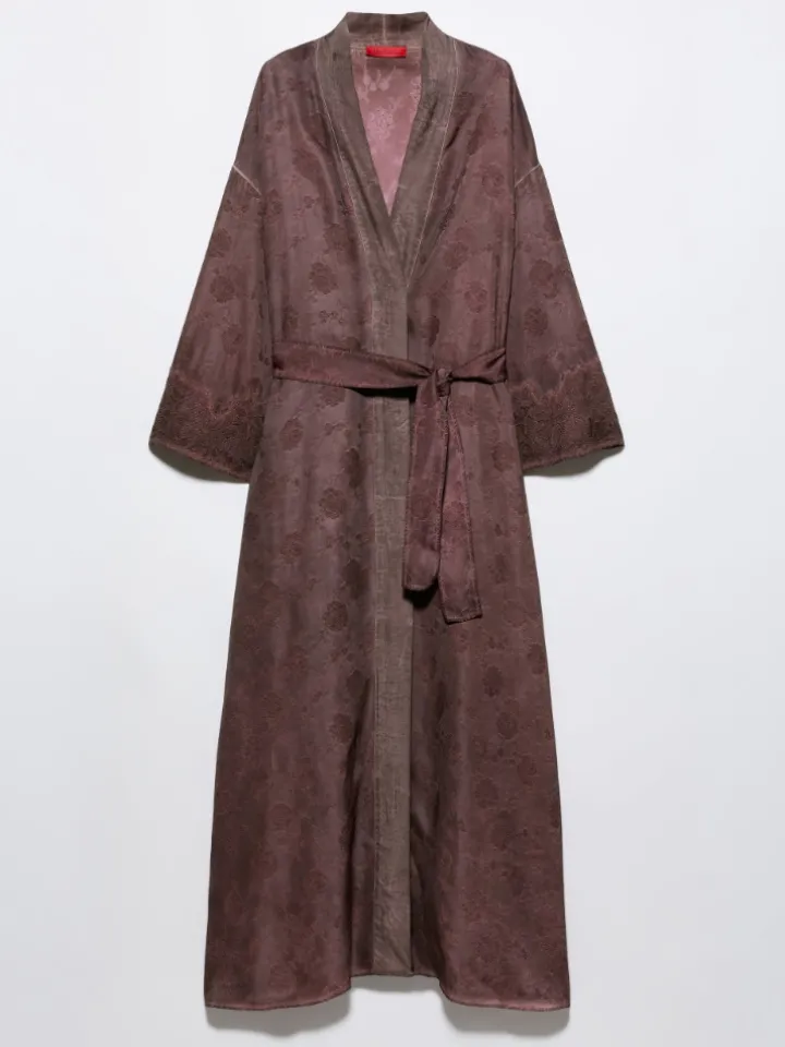 Floral-jacquard duster coat - chocolate