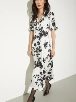 Floral twill midi dress - white