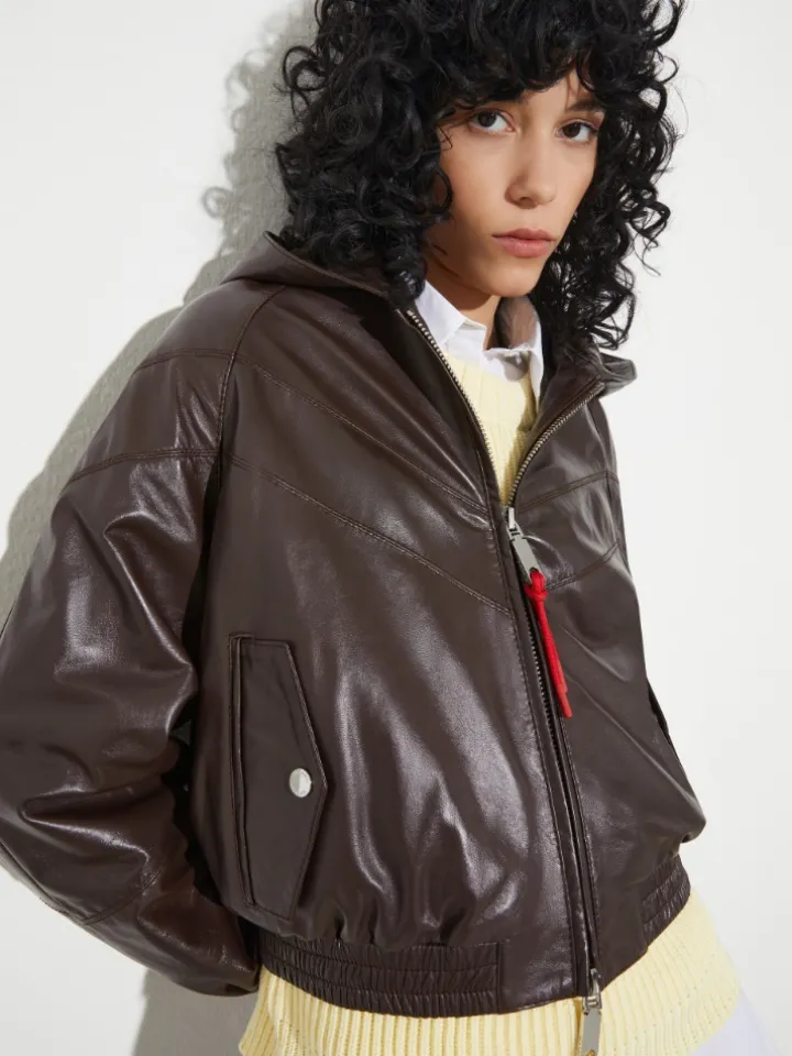 Glossy leather bomber jacket - chocolate