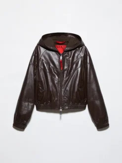 Glossy leather bomber jacket - chocolate