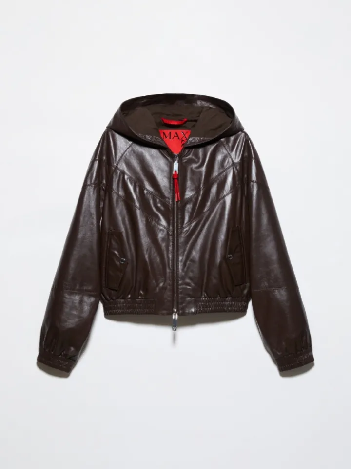 Glossy leather bomber jacket - chocolate