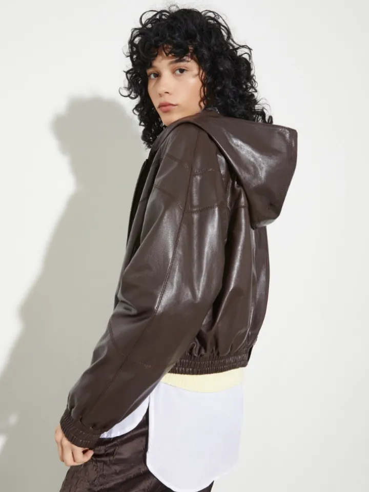 Glossy leather bomber jacket - chocolate