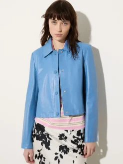 Glossy leather boxy jacket - sky blue