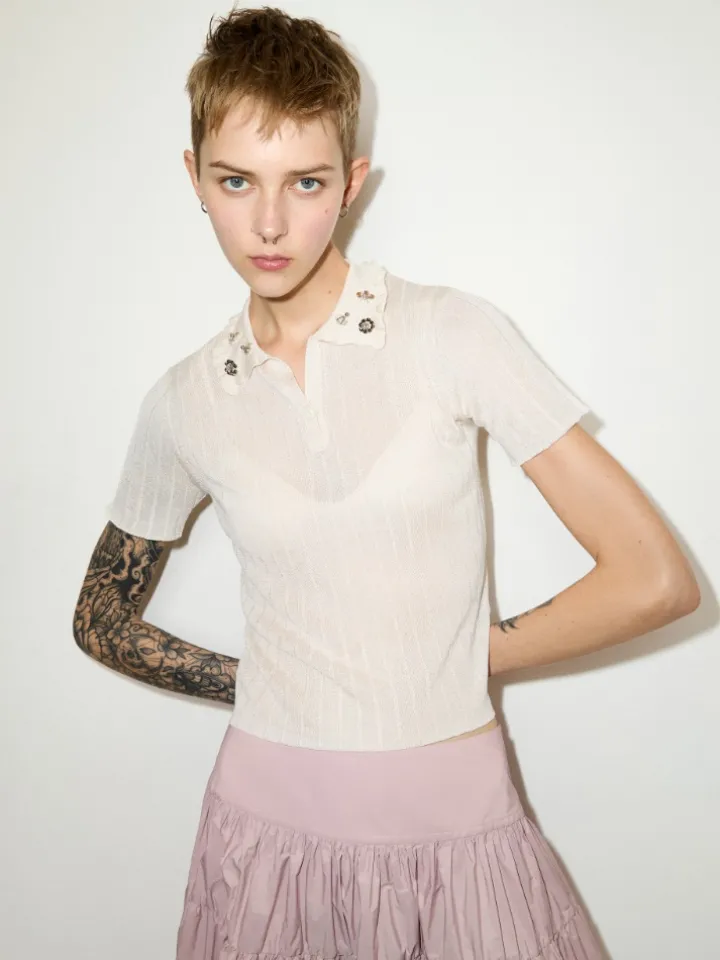 Jewel-embroidered polo shirt - milk