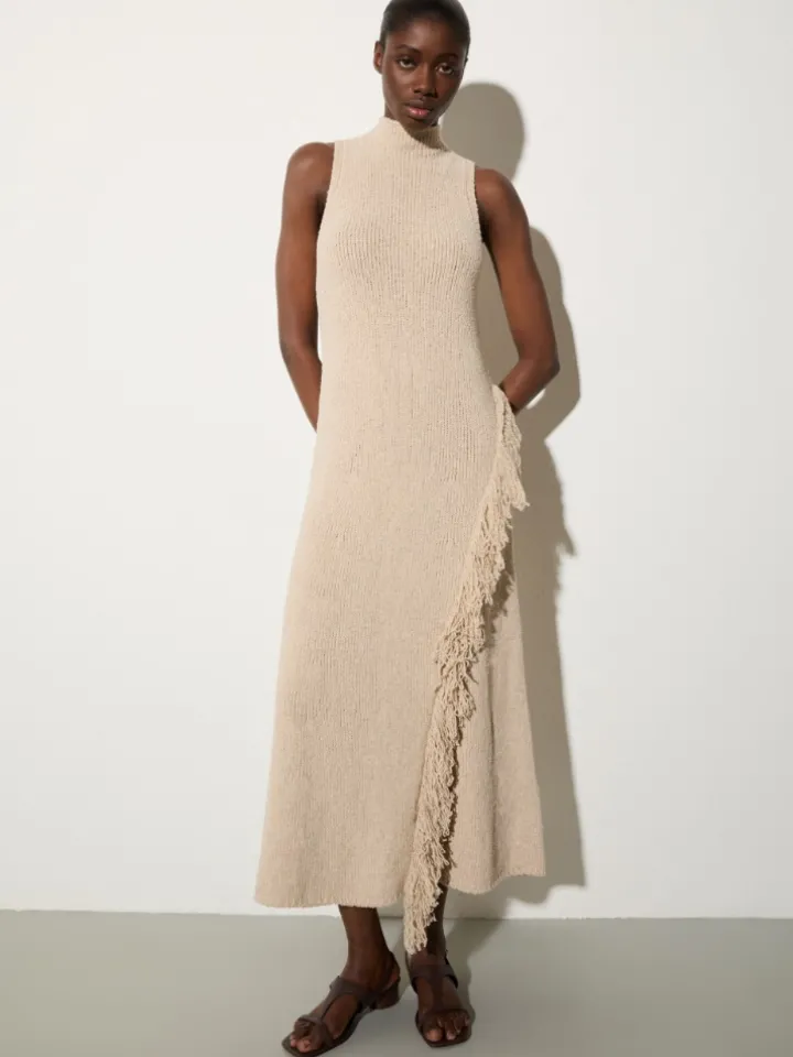 Knit midi dress with fringe - ice