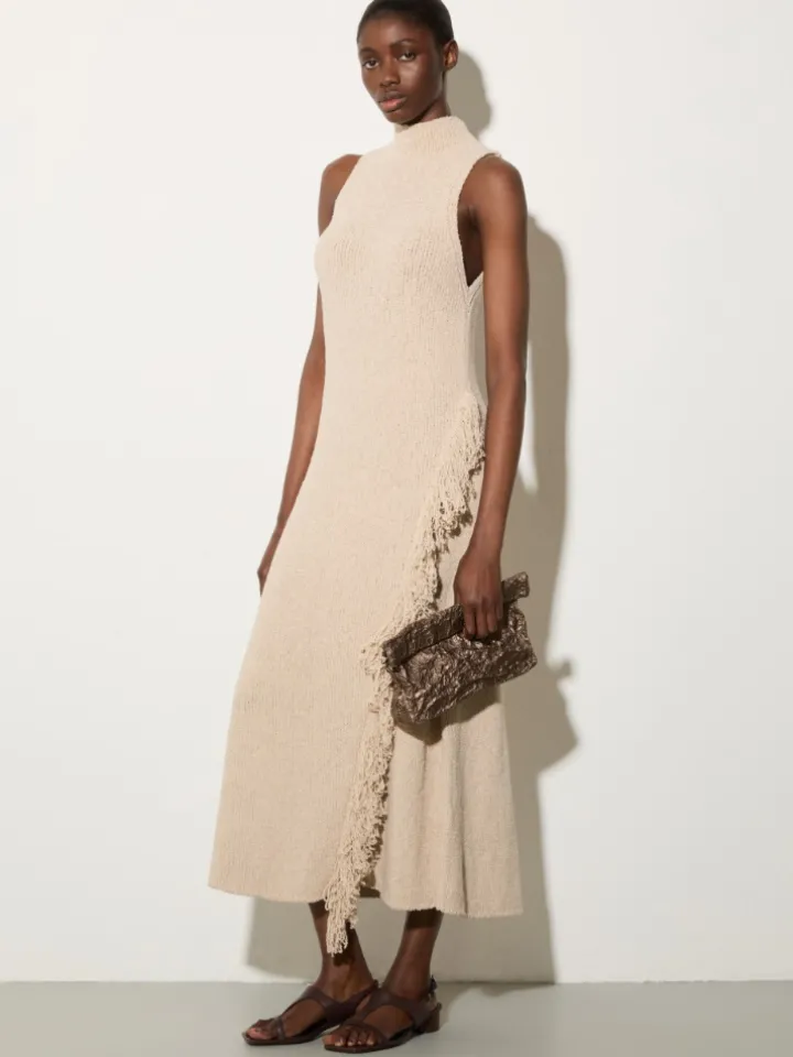 Knit midi dress with fringe - ice
