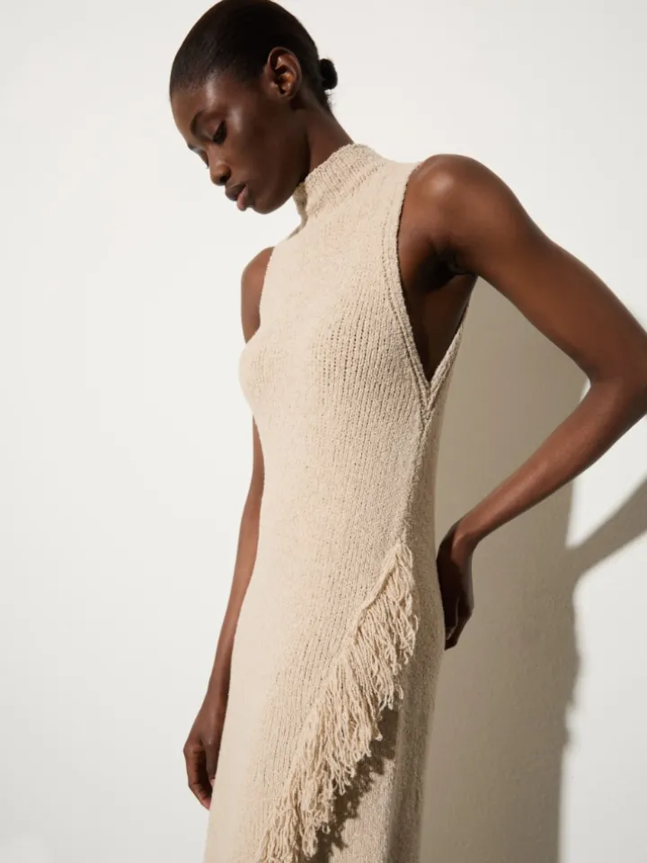 Knit midi dress with fringe - ice