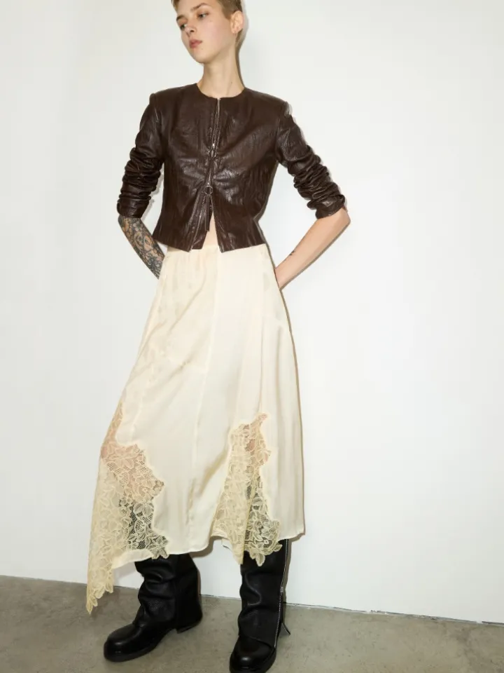 Lace-insert satin midi skirt - banana