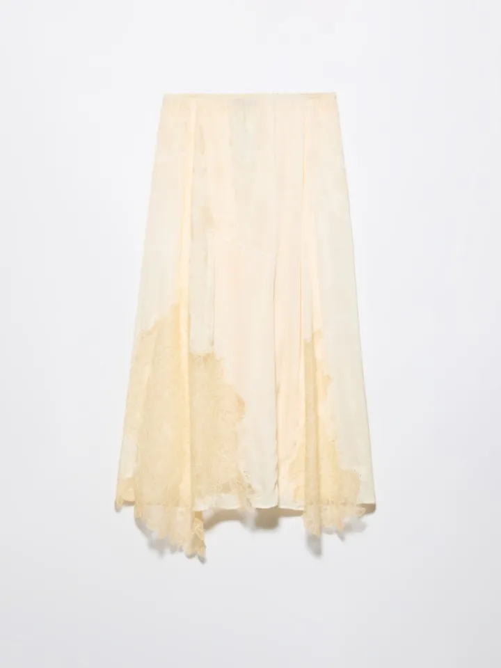 Lace-insert satin midi skirt - banana