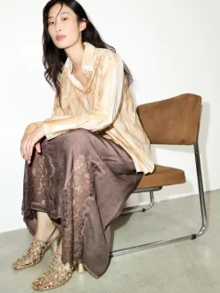 Lace-insert satin midi skirt - chocolate