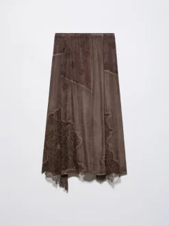 Lace-insert satin midi skirt - chocolate