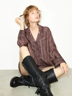 Lace-trimmed jacquard shirt - chocolate