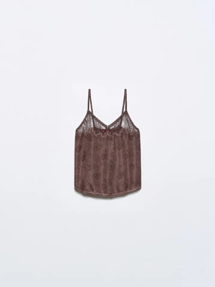 Lace-trimmed jacquard top - chocolate