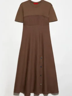 Linen and jersey midi dress - coffee