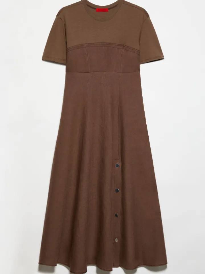 Linen and jersey midi dress - coffee