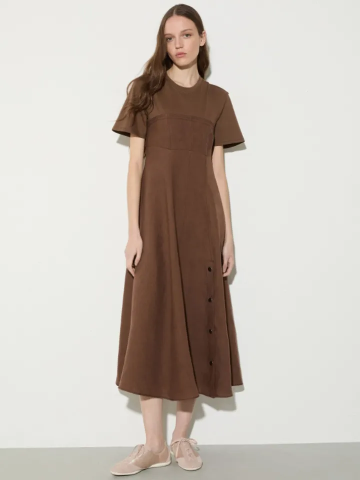 Linen and jersey midi dress - coffee