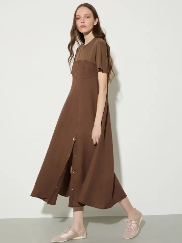 Linen and jersey midi dress - coffee