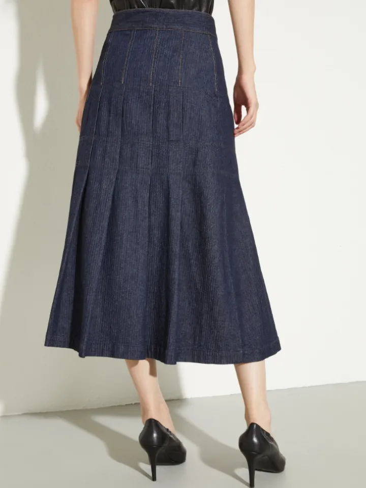 Pleated denim midi skirt - navy