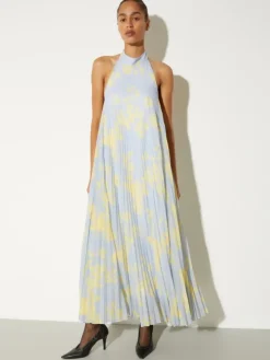 Pleated jersey halterneck dress - dust blue