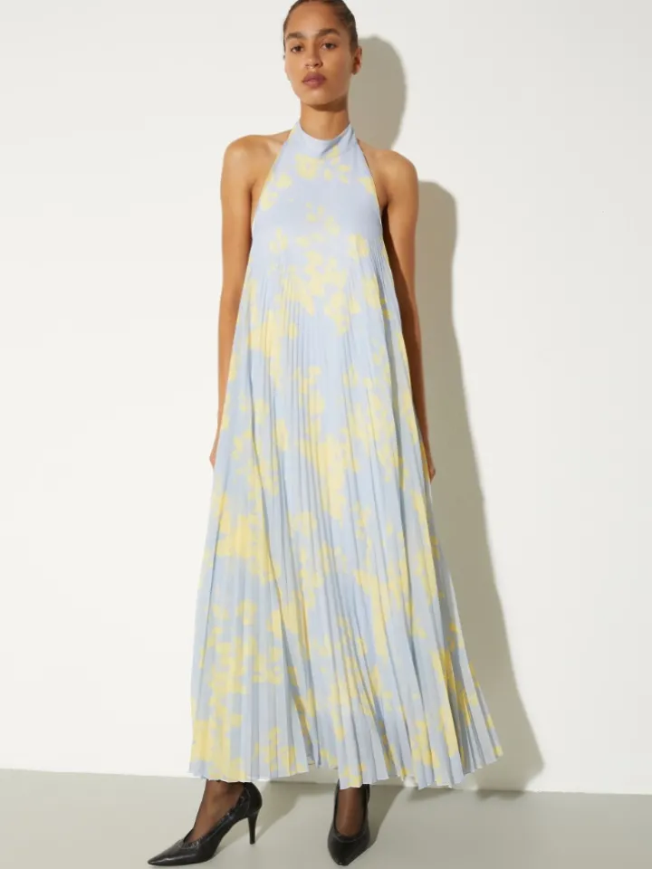 Pleated jersey halterneck dress - dust blue
