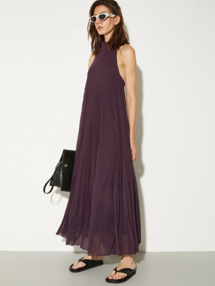 Pleated jersey halterneck dress - aubergine