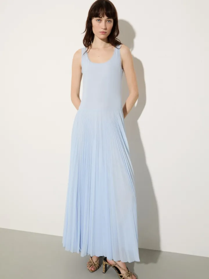 Pleated jersey long dress - light blue