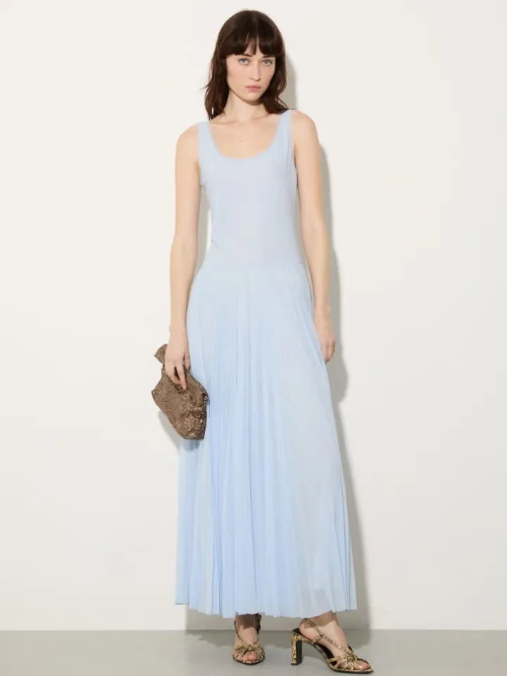 Pleated jersey long dress - light blue