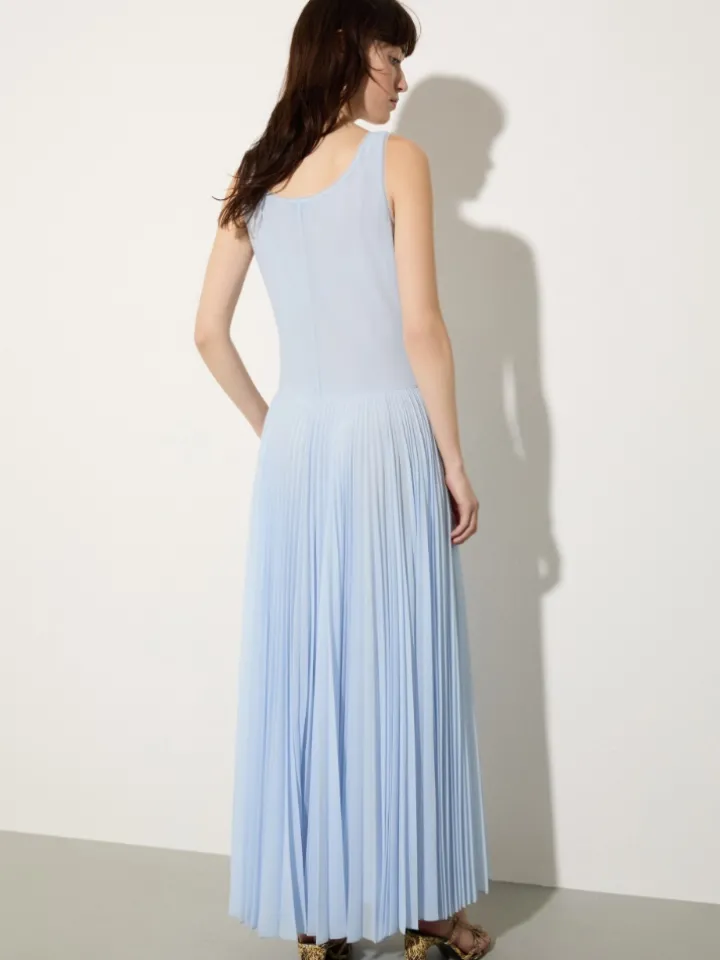 Pleated jersey long dress - light blue