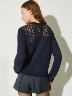 Pointelle-knit cotton jumper - navy