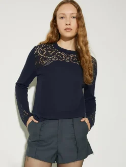 Pointelle-knit cotton jumper - navy