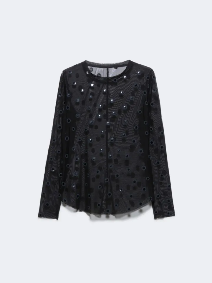 Polka-dot tulle-jersey T-shirt - black