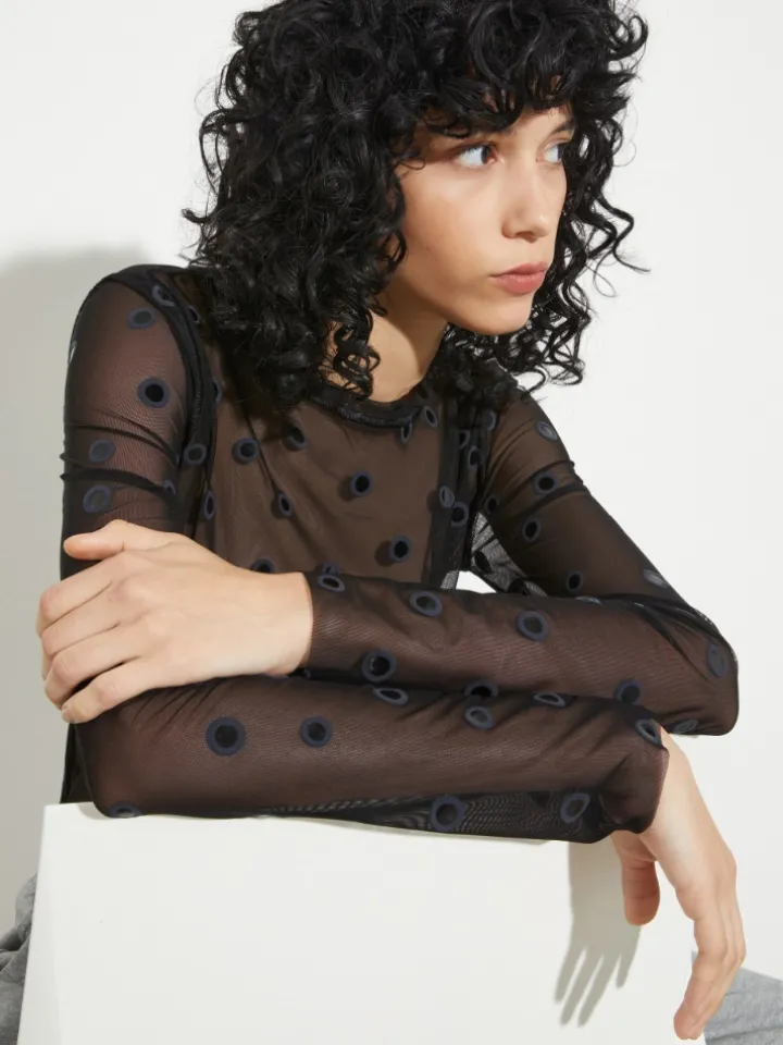 Polka-dot tulle-jersey T-shirt - black