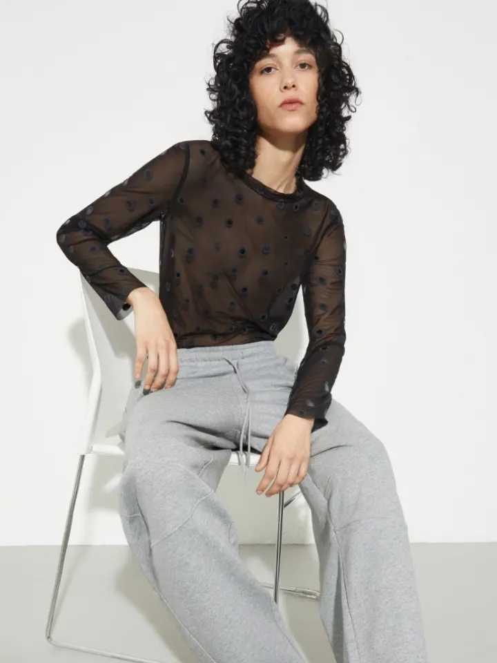 Polka-dot tulle-jersey T-shirt - black