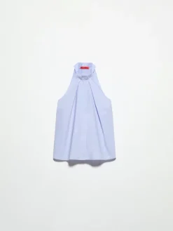 Poplin and voile halterneck top - light blue