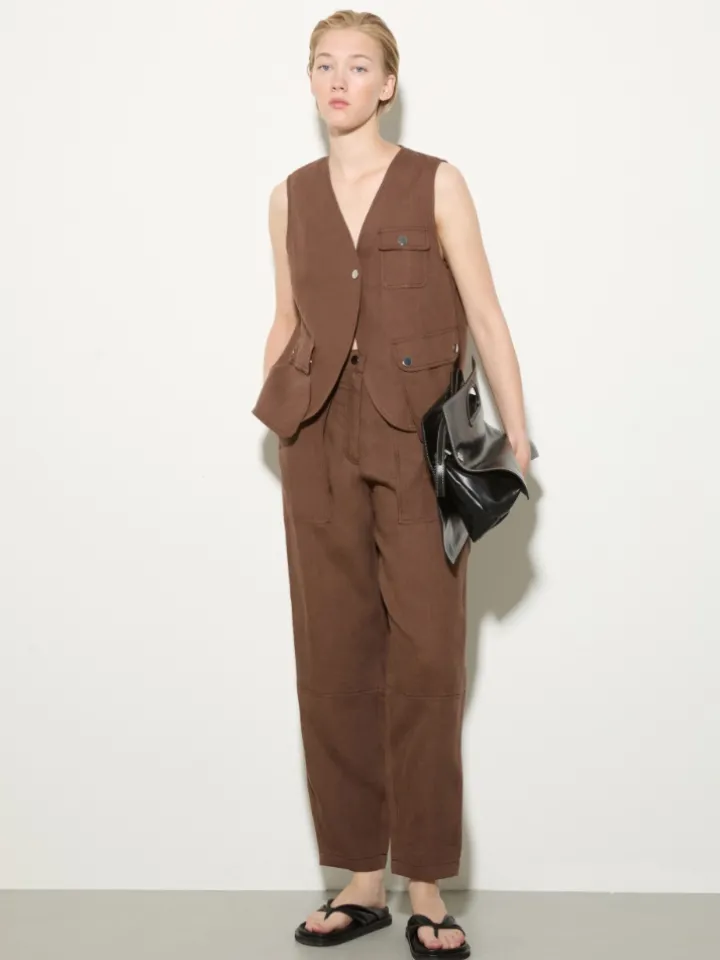 Pure linen barrel-leg trousers - coffee