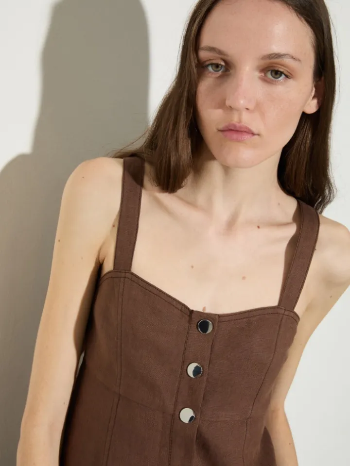 Pure linen fit & flare top - coffee